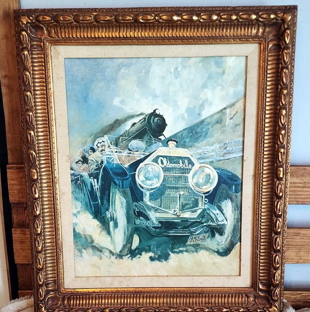 Oldsmobile "Keep Ahead" Steam Train Framed Painting 27x23 Stereostroke SEE DESC